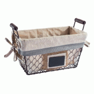 Panier en métal doublé de tissu - étiquette ardoise et poignées en bois - 25x15x14cm