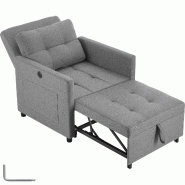 TecTake GmbH tectake Fauteuil-lit, TOYAMA, 3-en-1, dossier réglable en 6 positions, capacité 150 kg, station de recharge USB, 82 x 80 x 86 cm, gris
