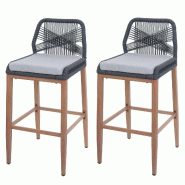 Décoshop26 - Lot de 2 tabourets de bar extérieur avec dossier cordage élastique décoratif gris foncé et repose-pieds structure 04_0009644 - gris