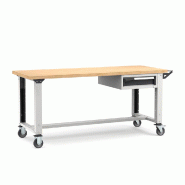 Établi roulant plateau bois L.2000 mm et pieds réglables + bloc 1 tiroir NOVALP