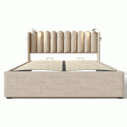 Merax Lit rembourré , lit coffre hydraulique avec liseuse et fonction de chargement 160x200cm, lin, naturel - beige multi-matériau AB20293738N