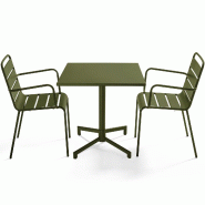 Oviala Business Ensemble table 70 cm et 2 fauteuils de jardin en métal vert kaki - vert acier 114677