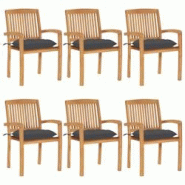 VidaXL Chaises De Jardin Empilables Avec Coussins Lot De 6 Teck Solide - gris 3073267 VidaXL Chaises De Jardin Empilables Avec Coussins Lot De 6 Teck Solide - gris 3073267