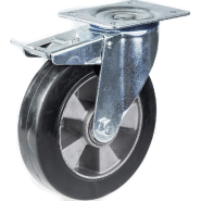 Roulette pivotante/frein de 200 mm en caoutchouc élastique noir sur roue centrale en aluminium Roulette pivotante/frein de 200 mm en caoutchouc élastique noir sur roue centrale en aluminium