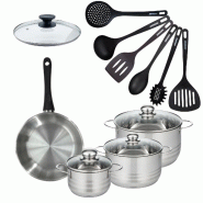 Batterie de cuisine 1 poêle 24 cm et couvercle, 3 faitouts 16/20/24 cm et 6 ustensiles de cuisine Fackelmann Geneva - gris inox 3176239935615_0