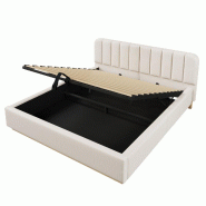 Merax Lit rembourré LED 180 x 200 cm, lit double avec sommier hydraulique, sommier à lattes, tête de lit rembourrée, housse en chenille, beige - b
