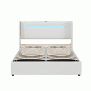 Merax Lit rembourré lit 140x200 avec bande lumineuse LED, lecteur Bluetooth et chargement USB, lit coffre en cuir PU, lit double blanc - blanc multi-