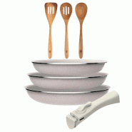 BERGNER - Ensemble de 3 Poêles Ø18/20/24cm aluminium Pressé Antiadhésif avec Manche Amovible avec Ensemble de 3 Pièces Ustensiles de Cuisine en A