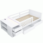 Merax lit multifonction 90x200 cm avec barrière, LED, prise, 2 tiroirs et chevet avec rangement, blanc - blanc Bois manufacturé LDF00615AAK