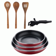 BERGNER - Ensemble de 3 poêles Ø18/20/24cm aluminium pressé rouge avec manche amovible et ensemble 3 pièces d'ustensiles de cuisine en bois d'acac