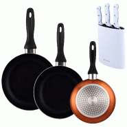 BERGNER - Set de 3 Poêles Ø16/20/24cm en Aluminium Pressé Bronze métallisé avec Ensemble de 3 couteaux avec bloc à couteaux en acier inoxydable