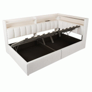 Merax Lit rembourré  90 x 200 cm, lit de repos, lit de repos avec espace de rangement hydraulique, LED, ports USB et housse en velours, blanc - blanc