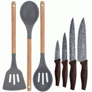 San Ignacio - Jeu de 3 Ustensiles de Cuisine en Silicone avec 4 Couteaux en Acier Inoxydable Collection Daimiel - gris verre PK1947