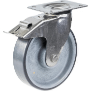 Roulette pivotante/frein de 200 mm en acier inoxydable avec disque conducteur gris Roulette pivotante/frein de 200 mm en acier inoxydable avec disque conducteur gris