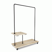 Portant L119xP50xH170cm Pin Naturel Noir mat - tube Ø25mm - bois et métal