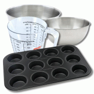 Set pâtisserie avec moule à muffins 12 empreintes 38 x 26 cm, 2 bols à mixer, verre mesureur et spatule Zenker - noir métal 3176239937596