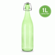 WDMT Bouteille en verre à bouchon mécanique 1 L – verte – Ø 8,6 x 32 cm – réutilisable - vert verre FN32698-GROEN_0