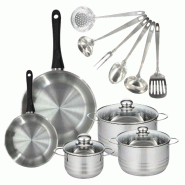 Batterie de cuisine avec 2 poêles 20/28 cm et 3 faitouts 16/20/24 cm avec 6 ustensiles de cuisine Fackelmann Généva Brillant Oxford - gris inox 317