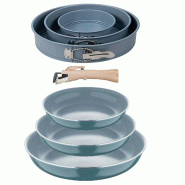BERGNER - Jeu de 3 poêles Ø18/20/24 cm en aluminium embouti recyclé vert avec poignée amovible avec jeu de 3 moules de four ronds Ø12/Ø18/Ø22 c