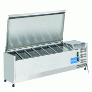 Vitrine réfrigérée porte-condiments en inox pour 7 bacs GN 1/4. Dimensions : 150×33,5×28,1 cm (H). Température : +2°C/+8°C. Cool Head VRX 15/3