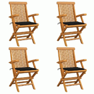 VidaXL Chaises De Jardin Et Coussins Noir Lot De 4 Bois De Teck Massif - noir 3065624