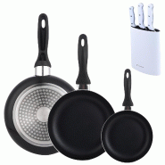 BERGNER - Set de 3 poêles 16/20/24 en aluminium pressé couleur noire avec Jeu de 3 couteaux avec bloc en acier inoxydable - PK9940