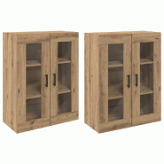 Helloshop26 - Lot de 2 armoires murales avec portes en verre pour rangement efficace 69,5 x 34 x 90 cm en bois d'ingénierie chêne 02_0056068 - verre