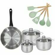 Lot Poêle 28 cm Fackelmann Généva et 3 Faitouts en acier inoxydable 16/20/24 cm et 5 ustensiles - 3176239920161