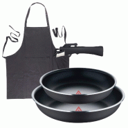 BERGNER - Jeu de 2 Poêles Ø22/26 cm en Aluminium Pressé Noir avec Manche Amovible avec Tablier de Cuisine Gris Foncé 100% Coton 75x80 cm - PK9609