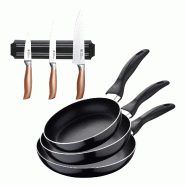 BERGNER - Set 3 Poêles en Aluminium Pressé Ø16/Ø20/Ø24cm pour Induction Navy Black avec Jeu de 3 Couteaux en Acier Inoxydable avec Support Mural