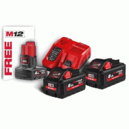 Pack 2 batteries 18V 8Ah + 1 batterie 12V 4Ah + Chargeur rapide M12 - 18 FC - Milwaukee 4933471073 Pack 2 batteries 18V 8Ah + 1 batterie 12V 4Ah + Chargeur rapide M12 - 18 FC - Milwaukee 4933471073