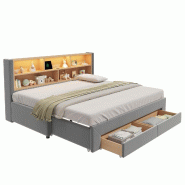 Merax Lit banquette 90x200 cm extensible à 180x200 cm, canapé-lit en velours gris avec LED, USB-C, tiroirs et rangement - gris multi-matériau N634U Merax Lit banquette 90x200 cm extensible à 180x200 cm, canapé-lit en velours gris avec LED, USB-C, tiroirs et rangement - gris multi-matériau N634U