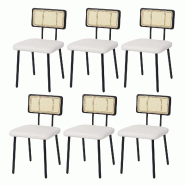 Mendler Lot de 6 chaises de salle à manger HWC-K88, fauteuil chaise, bois poly rotin métal bouclé ~ tissu/textile blanc - blanc textile 3x97707