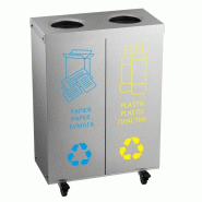 Poubelle de tri sélectif 50 L - 2 bacs 25 L - Acier inoxydable - Roulettes - Autocollants inclus