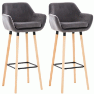 Décoshop26 - Lot de 2 tabourets de bar en velours gris pieds en bois avec repose-pieds et accoudoirs style rétro moderne 10_0000320 - gris Bois mass