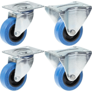Roulette de 80mm 3" en caoutchouc bleu, pivotante et fixe, capacité de 560kg, jeu de 4 Roulette de 80mm 3" en caoutchouc bleu, pivotante et fixe, capacité de 560kg, jeu de 4