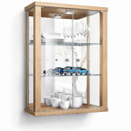 K-Möbel Vitrine suspendue en hêtre (80x60x25 cm) avec 2 étagères en verre réglables en hauteur, miroir & LED - vitrine de voiture miniature argen