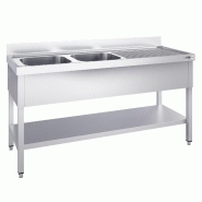 Plonge inox 2 bacs avec égouttoir et étagère - P 700 mm - 1400 mm bac à gauche