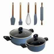 San Ignacio Noia - Lot de 2 casseroles Ø20/Ø24cm avec couvercle en aluminium pressé coloris bleu et set de 5 ustensiles de cuisine en silicone et b
