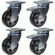 152mm 6" roulettes caoutchouc noir pivotantes et freinées capacité 1320kg, jeu de 4 152mm 6" roulettes caoutchouc noir pivotantes et freinées capacité 1320kg, jeu de 4