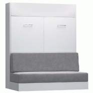 ARMOIRE LIT ESCAMOTABLE DYNAMO SOFA CANAPÉ INTÉGRÉ BLANC MAT ET MICROFIBRE GRIS COUCHAGE 160*200