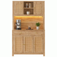 Merax armoire haute de cuisine 100 x 40 x 180 cm, LED RGB, bar à café, prises, portes en rotin, rangements, Bois naturel - Bois manufacturé N635P28 Merax armoire haute de cuisine 100 x 40 x 180 cm, LED RGB, bar à café, prises, portes en rotin, rangements, Bois naturel - Bois manufacturé N635P28