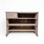 Comptoir Héritage en pin massif sablé - 119x59x90cm - 3 tablettes et tiroir sécurisé, option top en zinc