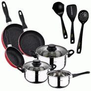 San Ignacio - Batterie de Cuisine Toledo 5 pièces en Acier Inoxydable avec 3 Poêles Navy Red Marble Ø16/20/24 cm et Set de 3 Ustensiles de Cuisine