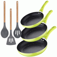 San Ignacio - Set 3 pièces Poêles (20/24/28cm) en Aluminium Pressé Vert avec Set 3 pièces Ustensiles de Cuisine en Silicone et Bois - aluminium PK5811
