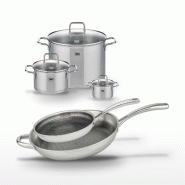 Lot Poêles 32cm & 28cm et Faitouts 12cm, 20cm & 26cm Elo Relief Evolution - gris inox 3176239958003