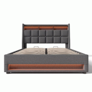 Merax Lit capitonné , housse en coton et lin, lit coffre avec port USB + LED 160x200cm, gris - gris multi-matériau AB20122728G