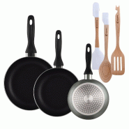 BERGNER - Set de 3 Poêles Ø16/20/24cm en Aluminium Pressé Gris métallisé avec Set 3 ustensiles en silicone et bois - PK9881
