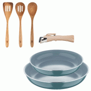 BERGNER - Lot de 2 poêles Ø24/28 cm en aluminium pressé recyclé vert avec poignée amovible et lot de 3 ustensiles de cuisine en bois d'acacia - PK9690