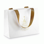 Sac luxe texturé blanc Sapin or poignées ruban or 21x8x16cm - par 12